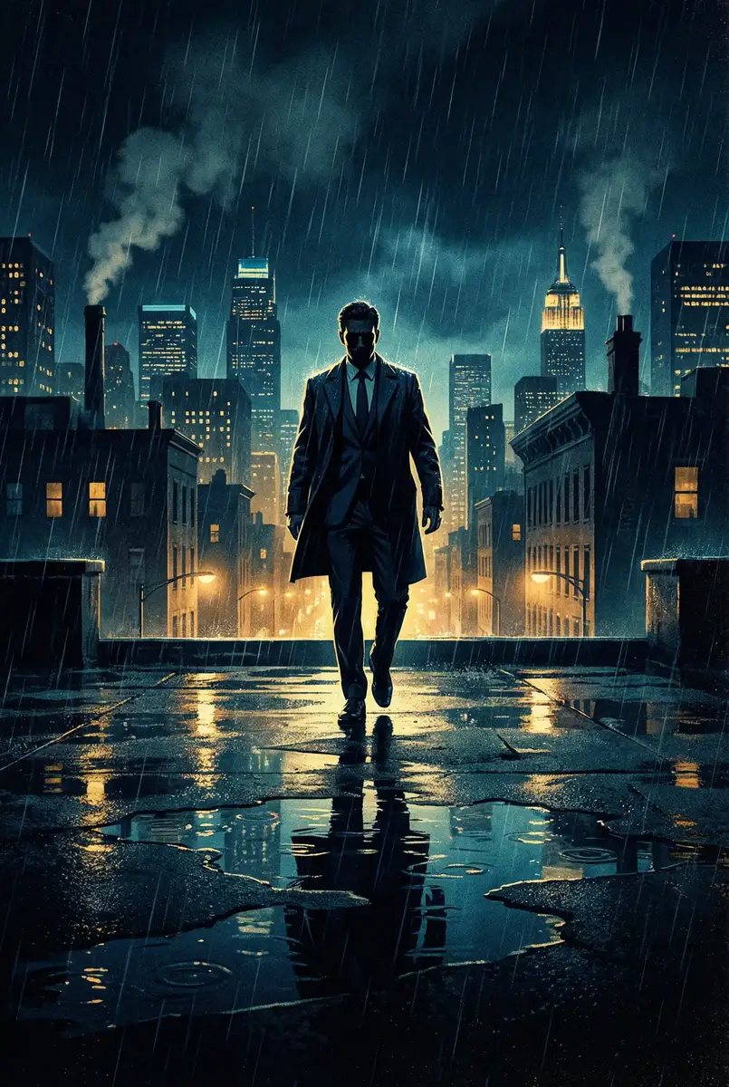 水卜樱 出品影片《雨夜独行者》海报，雨中城市屋顶男性剪影
